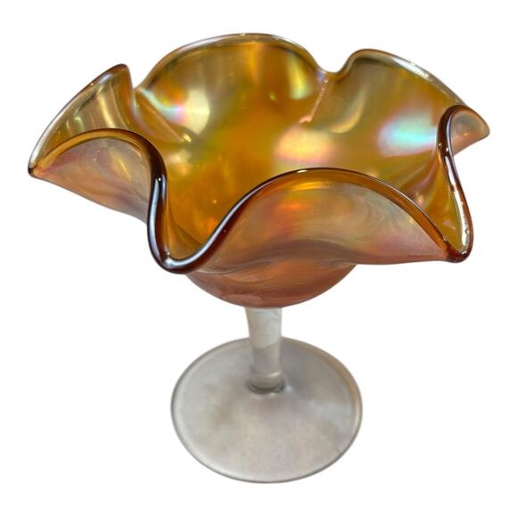 Vintage Fenton Carnival Glass Marigold Ruffled Edge Compote - Frosted Base - 6” - Picture 1 of 7